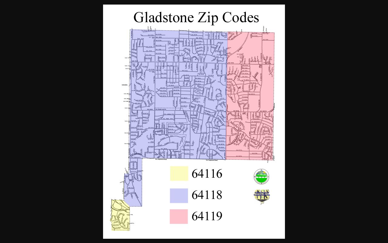 Gladstone ZIP code directory map showing local postal-area reference